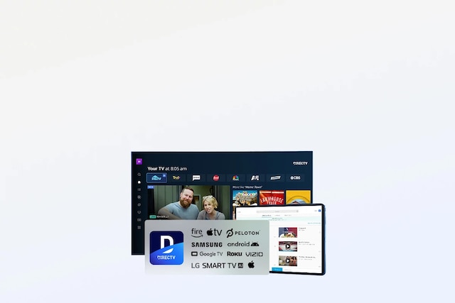 The directv app logo and compatible device logos for amazon fire, apple tv, peloton, apple, samsung, android, roku, google tv and vizio are presented in front of a tv and tablet device showing the directv app in use.