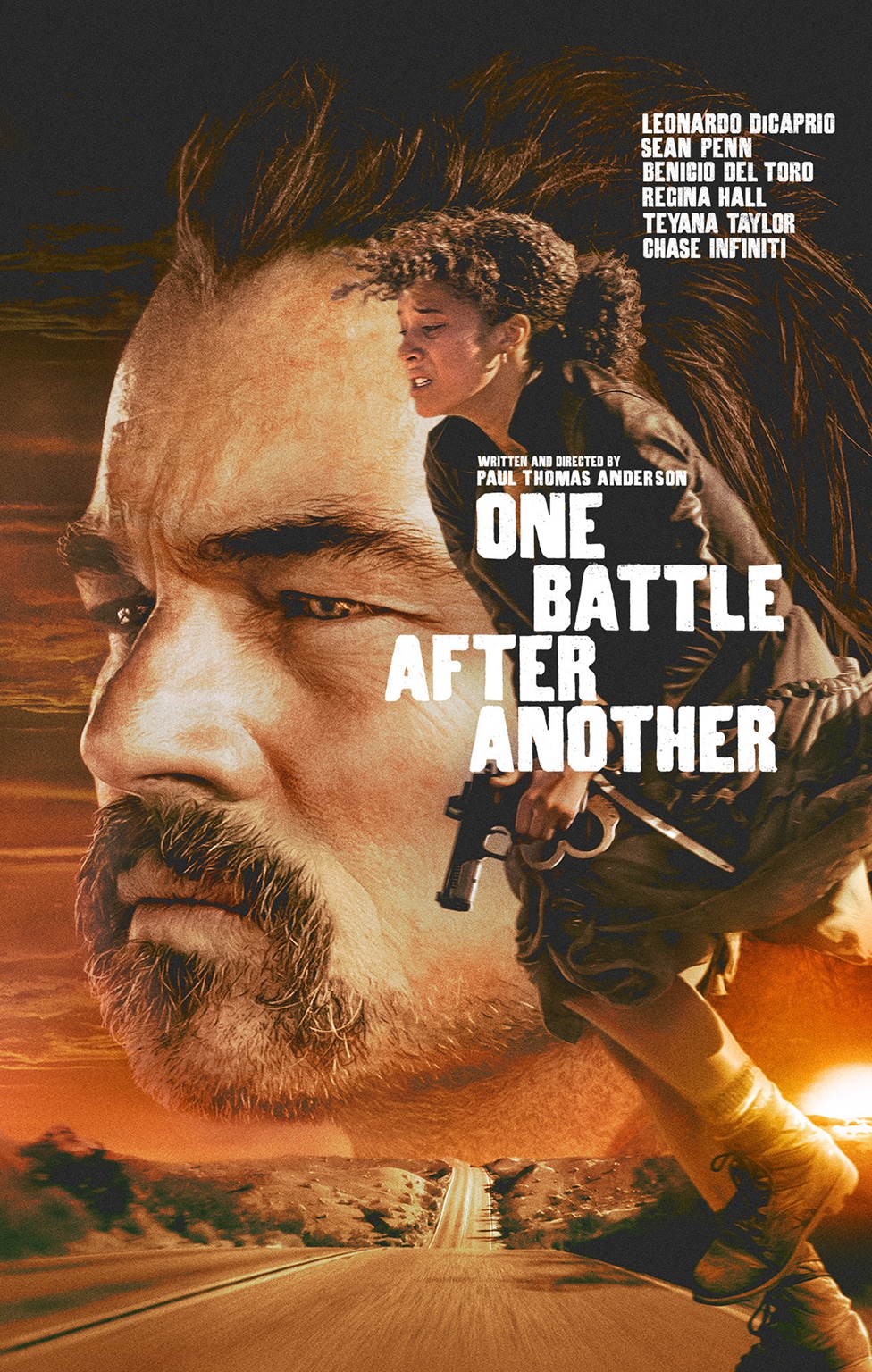 Poster for One Battle After Another with intense war-themed visuals.