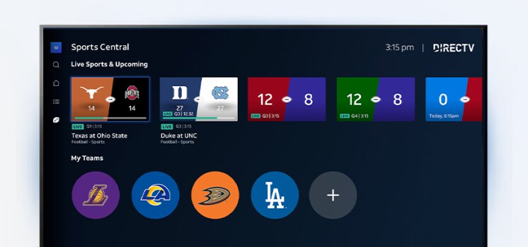 DIRECTV Sports Central screen showing game matchups, team icons, and scores.