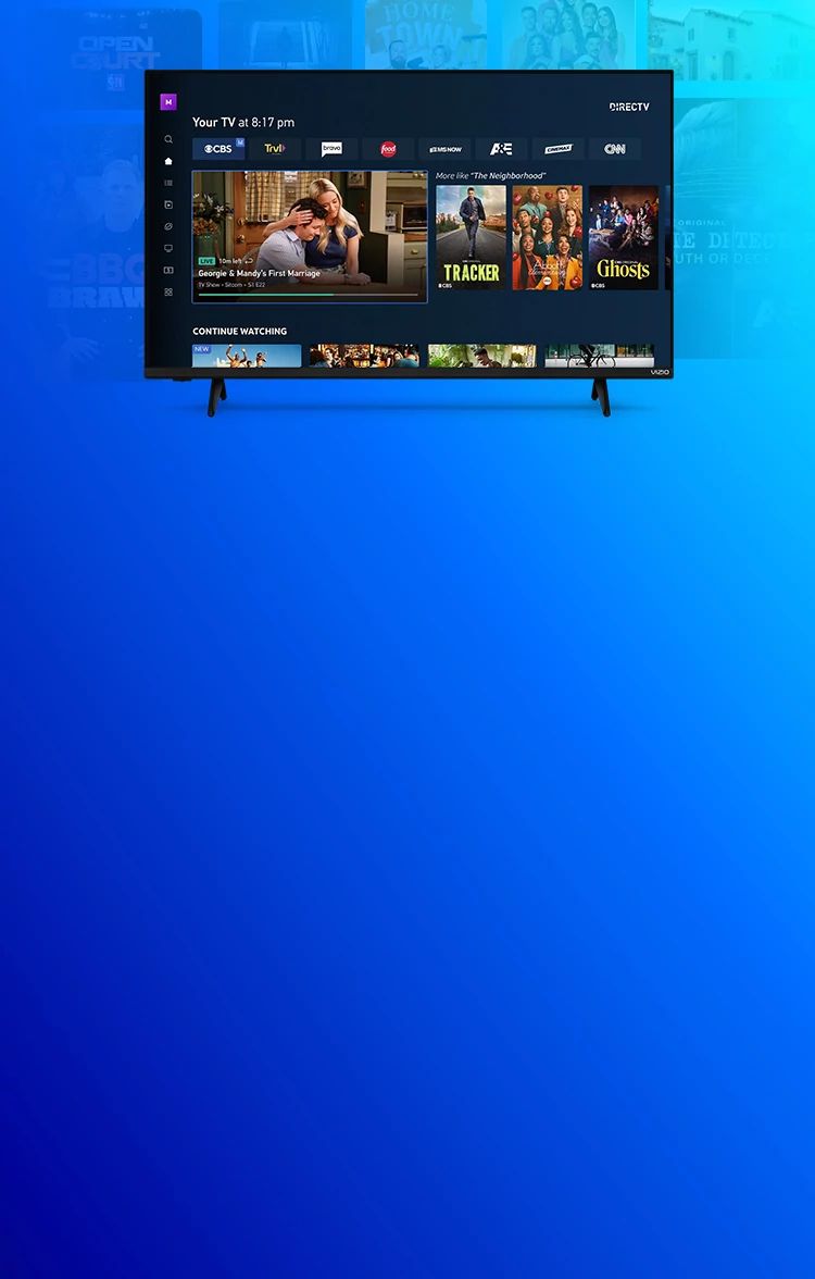 A smart tv device is seen using the directv application showing tv channels movies and shows