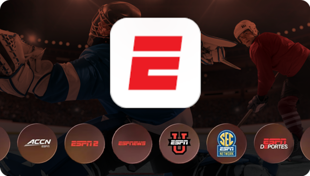 ESPN logo over a background of football players, with icons for SEC Network, NFL Network, NBA TV, NHL Network, MLB Network, and ACC Network shown underneath.