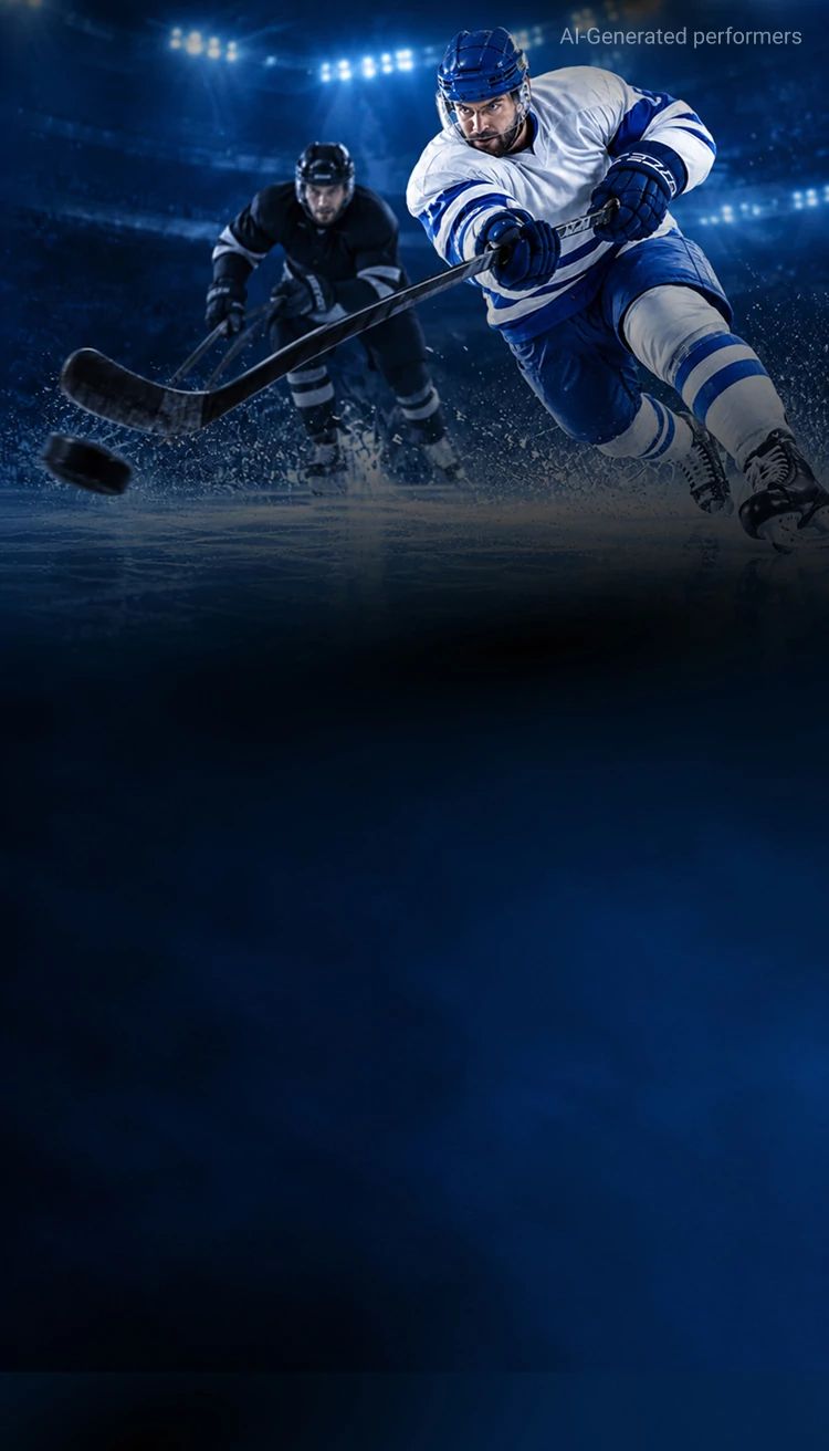 An action image of two professional hockey players battling for a hockey puck in a lit up stadium while the front and center hockey player takes a shot.