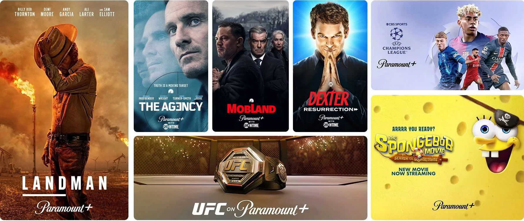 Paramount+ with Showtime exclusive titles Landman, The Agency, Mobland, Dexter Resurrection, Champions League, The Spongebob Movie, UFC on Paramount+