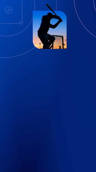 Silhouette of a baseball player swinging a bat at sunset inside a rounded “D” frame on a blue background.