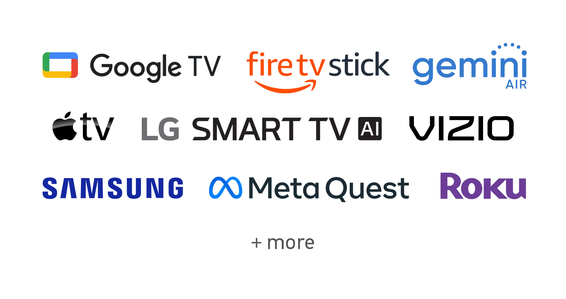 Logos of supported devices and platforms: Chromecast, Fire TV Stick, Gemini Air, Peloton, Roku, and Vizio.
