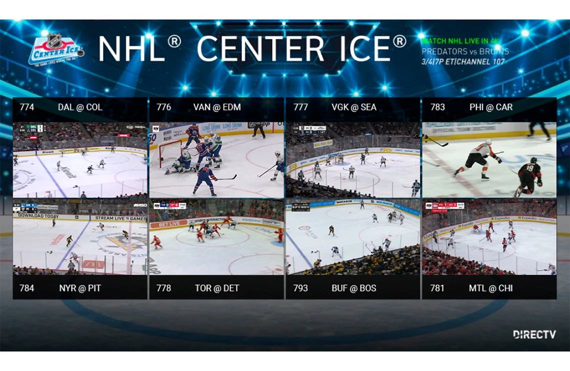 NHL CENTER ICE Game Mix screen showing eight live hockey games displayed simultaneously, each labeled with different team matchups.