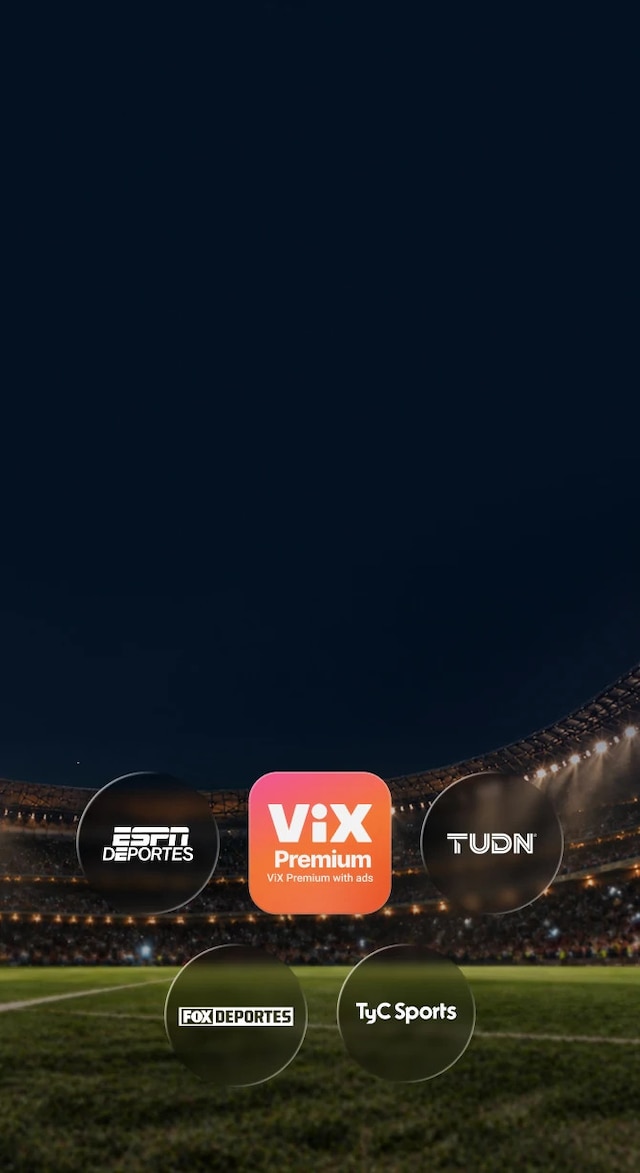 A lit soccer stadium at night with circular glass badges for ESPN Deportes, TUDN, FOX Deportes and TyC Sports around a featured ViX Premium with Ads app tile.