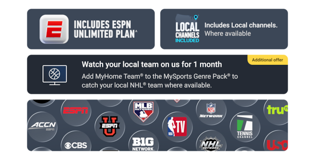 Sports channel logos included in MySports ACC Network, ESPN, NHL Network and the ESPN Unlimited Plan and Local Channels included badges.