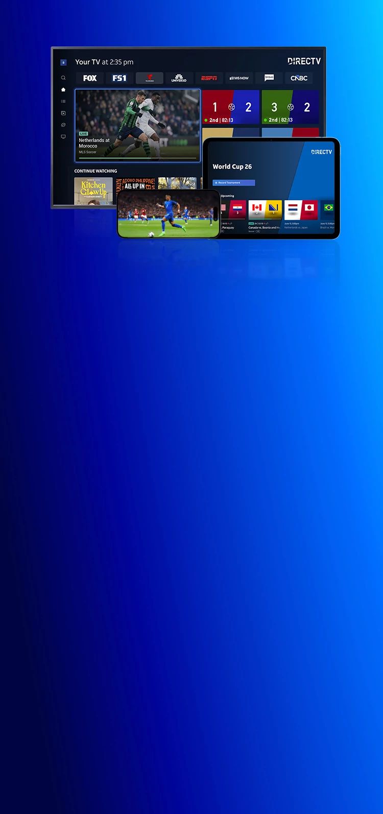 DIRECTV streaming experience shown across TV, tablet, and mobile devices featuring live soccer content and sports interface.