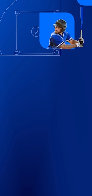 Baseball player in a blue uniform and helmet preparing to swing a bat, with a stylized baseball field background.