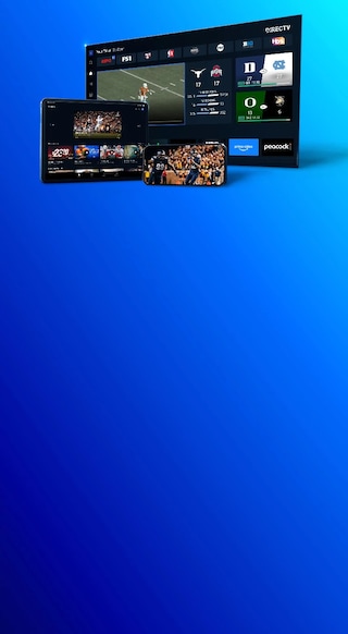 A smart TV, tablet, and smartphone are stacked in front of each other each showing the DIRECTV app experience displaying available football sports content and featured games.