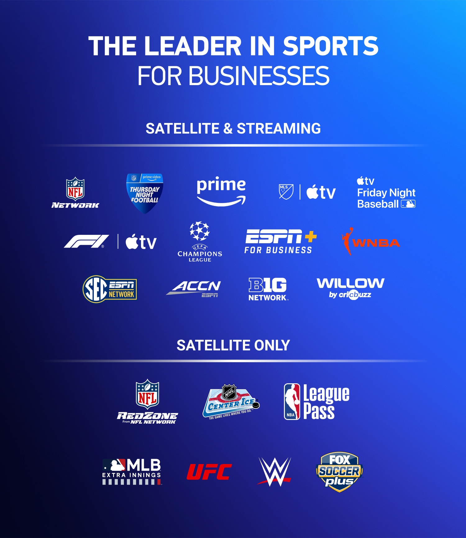 The leader in sports for businesses, streaming or satellite. DIRECTV FOR BUSINESS.