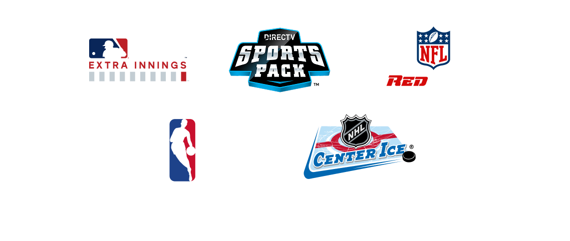 A lit stadium background with a lockup of MLB Extra Innings, DIRECTV Sports Pack, NFL RedZone, NBA League Pass and NHL Center Ice logos.