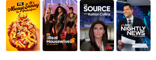 Featured entertainment and news on DIRECTV, including FX's It's Always Sunny in Philadelphia, The Real Housewives of Atlanta, CNN's The Source, and NBC Nightly News.