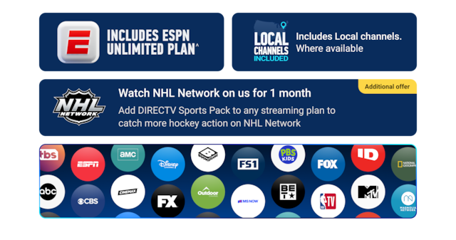 Grid of channel logos included in the CHOICE package FS1, ESPN, NHL Network, FX, FS1, NBA TV, and FOX and the ESPN Unlimited Plan badge.