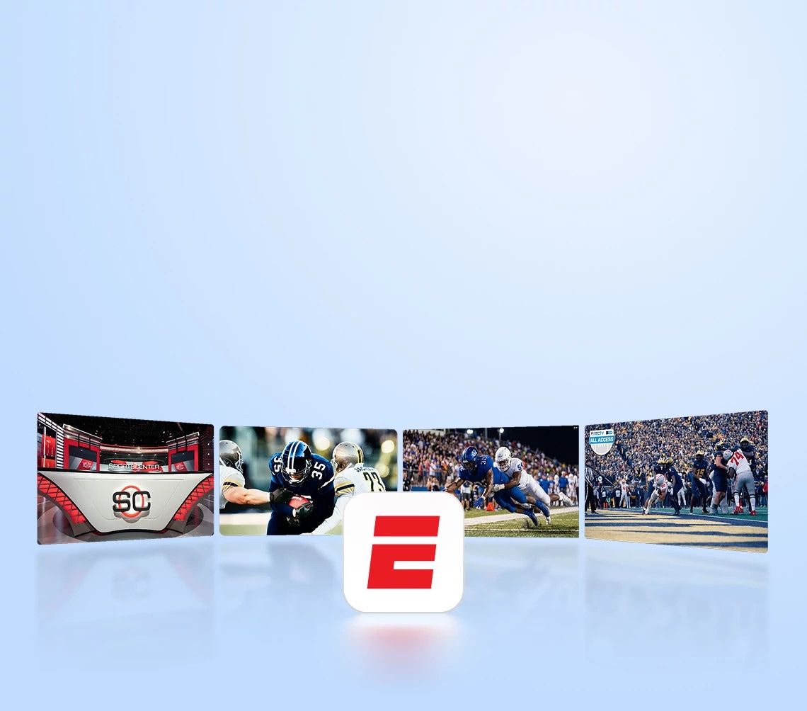 The ESPN Unlimited App logo is shown accompanied by Small images of available content on the app, like Sports Center, Professional football and college football.