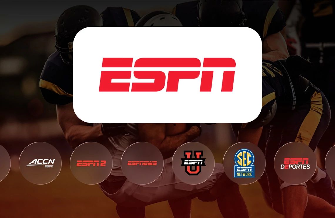 ESPN logo over a background of football players, with icons for SEC Network, NFL Network, NBA TV, NHL Network, MLB Network, and ACC Network shown underneath.