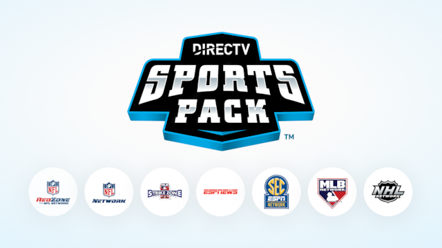DIRECTV Sports Pack logo above circular icons for networks including NFL RedZone, NFL Network, MLB Network, ESPN News, NHL Network, and SEC Network.