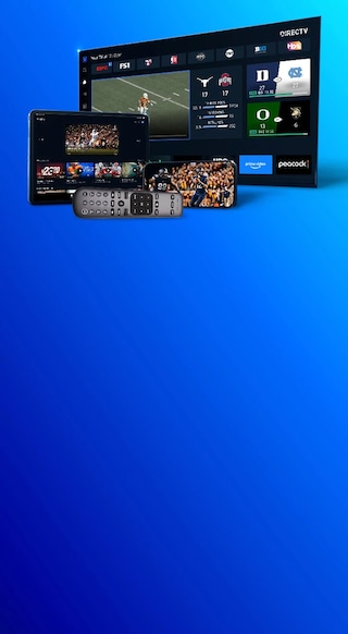 A smart TV, tablet, and smartphone are stacked in front of each other each showing the DIRECTV app experience displaying available football sports content and featured games.