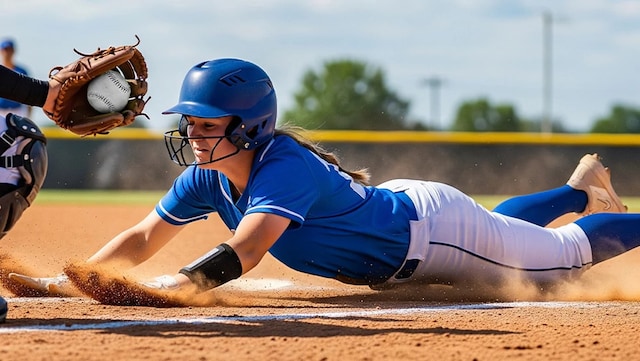 A female college softball player in a blue and white uniform is sliding through the dirt into home base while the catcher holds the baseball in his glove