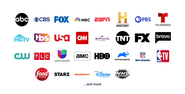 Channel logos including ABC, FOX, ESPN, HBO, Disney, AMC, and more displayed in a grid layout.
