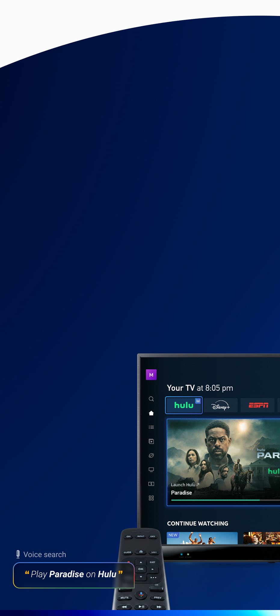 DIRECTV Gemini remote and TV screen showing the Paradise show.