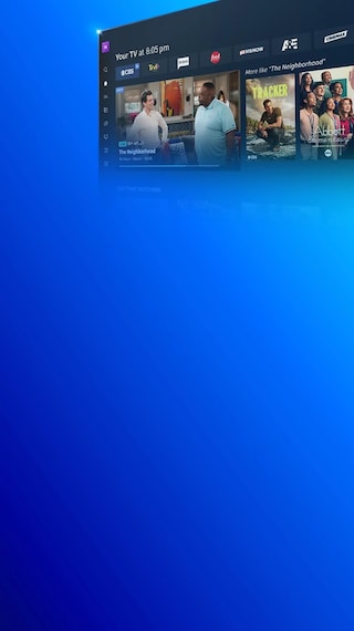 DIRECTV streaming service promotional banner showing a smart TV interface with live programming, including “The Neighborhood,” and related content thumbnails.