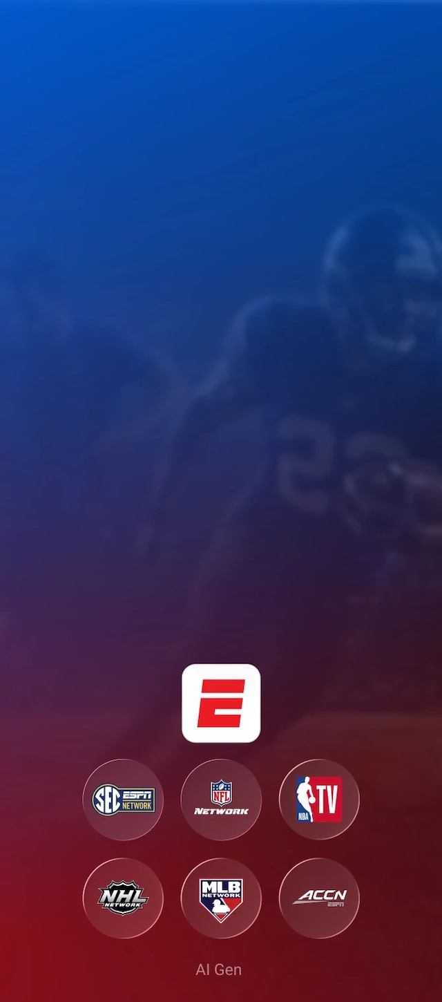 An action-packed, red and blue AI generated image of a soccer player, football player, baseball player and tennis player is shown behind the ESPN Unlimited app logo, accompanied by several sports channel logos offered in the ESPN unlimited plan like SEC network, NFL Network, NBA TV, NHL Network, MLB Network and ACCN.