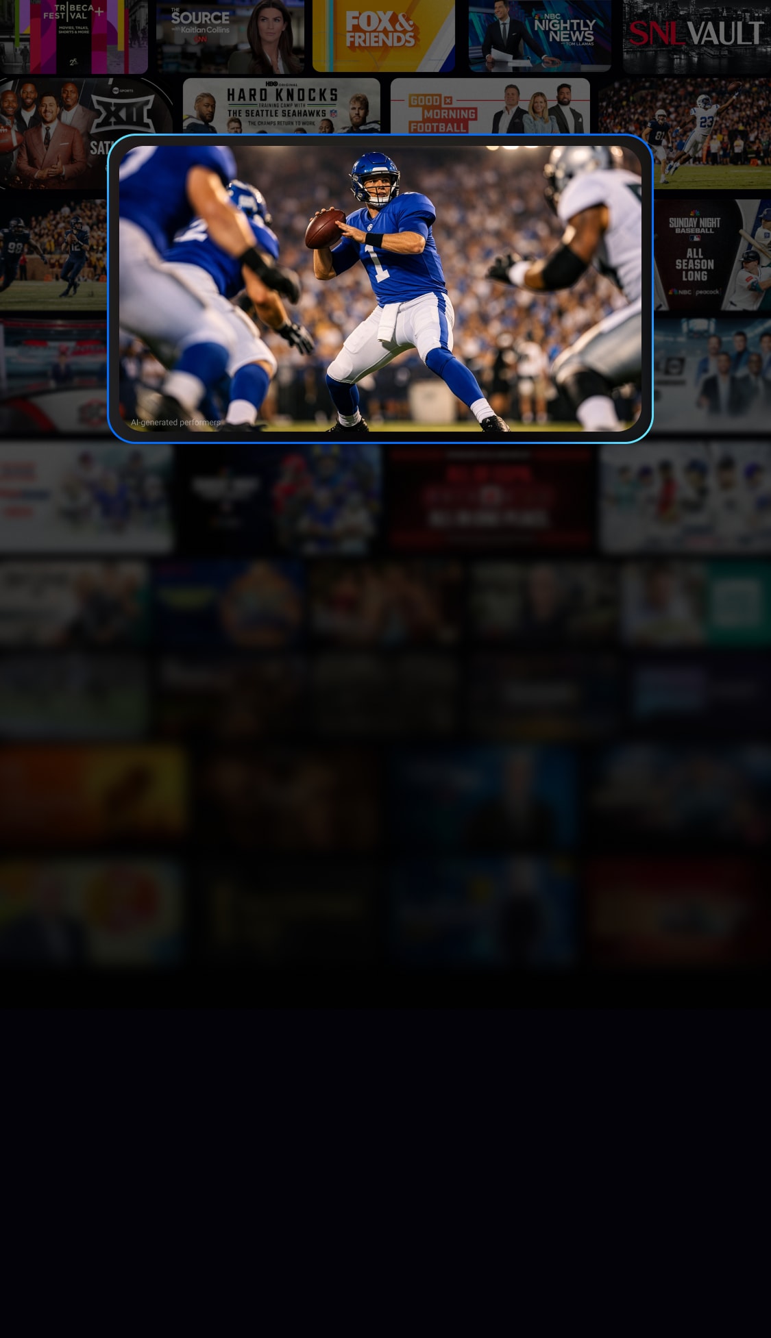 Collage of DIRECTV channel and show thumbnails with a football game in action.