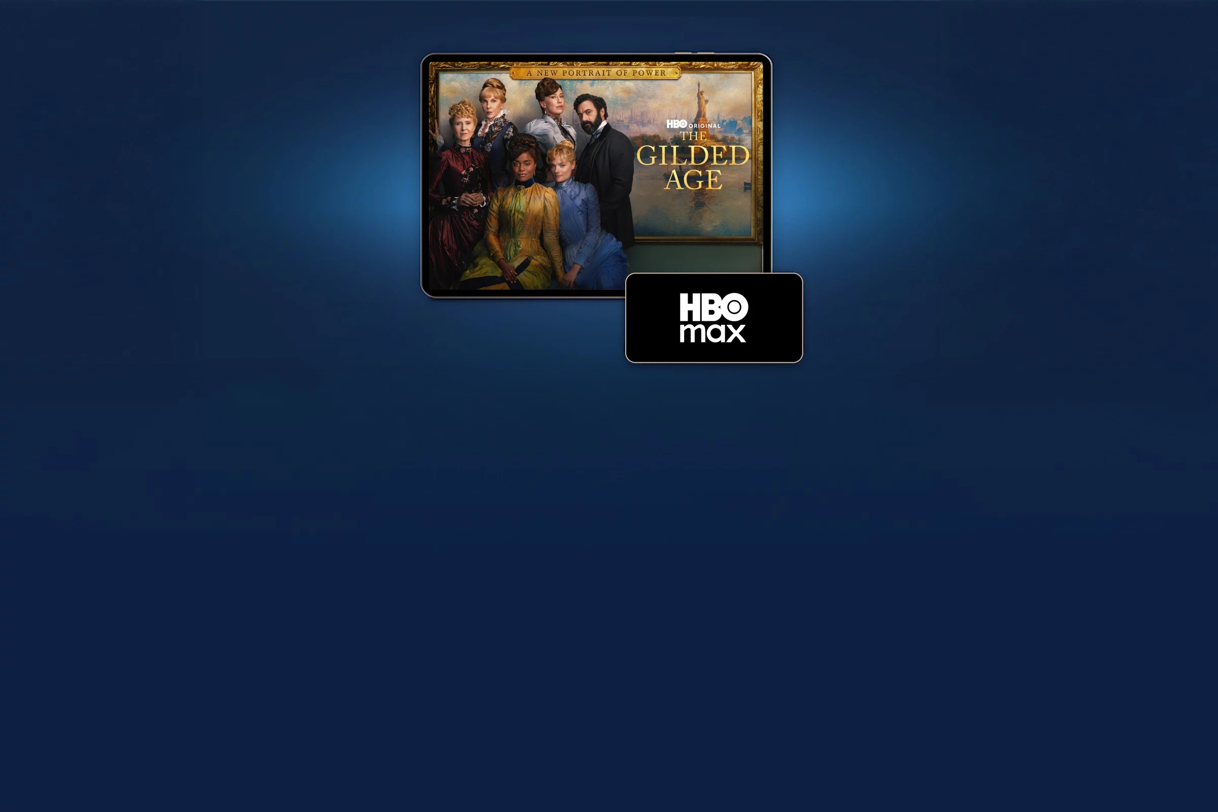 HBO Max exclusive Original title The Gilded Age is displayed on a smart device accompanied by a smartphone showing the HBO Max logo.