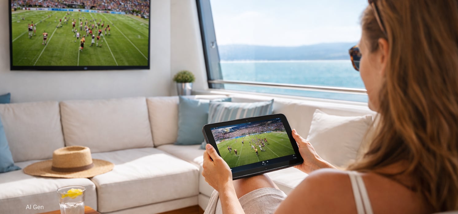 Woman look at tablet on a boat. DIRECTV FOR BUSINESS.