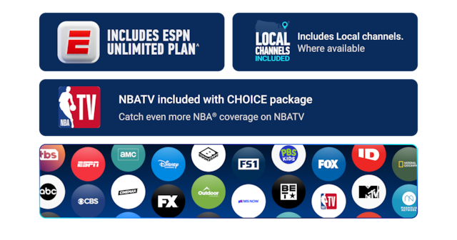 Grid of channel logos included in the CHOICE package FS1, ESPN, NBA TV, FX, FS1, NBA TV, and FOX and the ESPN Unlimited Plan badge.