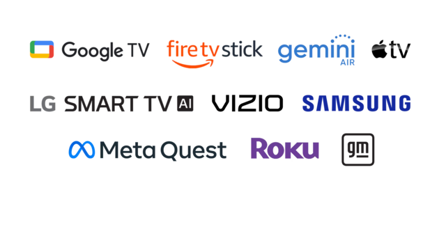 Logos for chromecast, firetvstick, gemini, peloton, Roku, and Vizio.