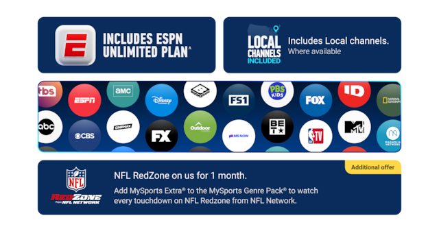 Grid of channel logos included in the Entertainment package TBS, ESPN, AMC, Disney, FS1, PBS Kids, and FOX and the ESPN Unlimited Plan badge.