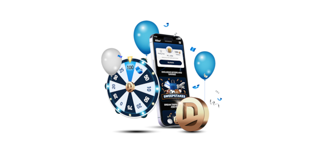 The DIRECTV PERKS app is shown on a mobile phone, accompanied by a prize wheel, DIRECTV PERKS coin logo, confetti and balloons