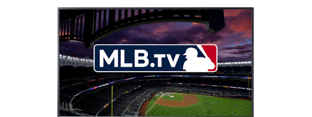 MLB.TV logo displayed on a TV screen over a baseball stadium background.