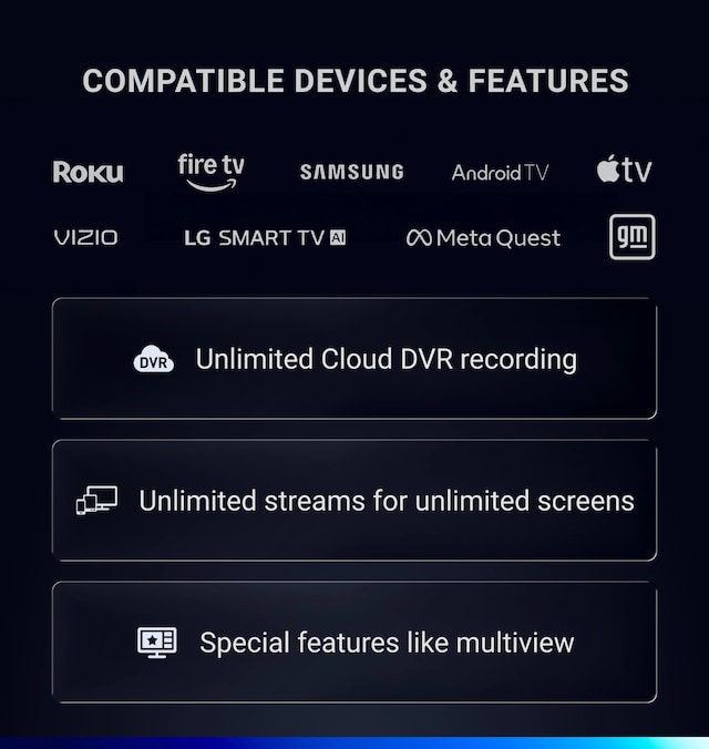 Compatible device brands and features, including Samsung, Roku, Fire TV, Apple TV, and 4K streaming.