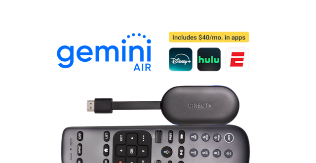 Gemini Air logo with banner reading “Includes $40/mo. in apps” above Disney+, Hulu, and ESPN icons, alongside a DIRECTV Gemini Air streaming device and remote control.
