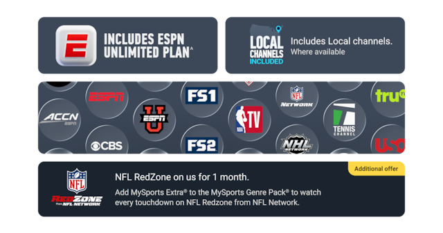 Sports channel logos included in MySports ACC Network, ESPN, FS1, FS2, and NFL Network and the ESPN Unlimited and Local Channels included badges.