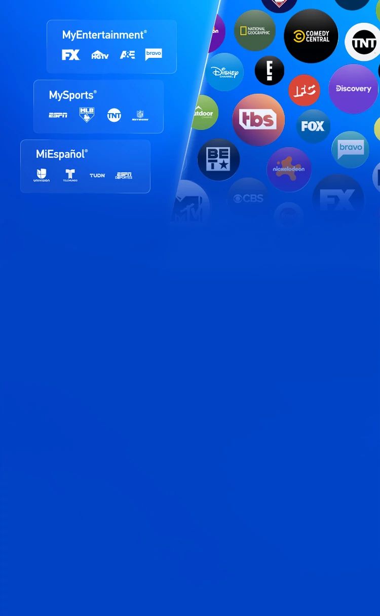 DIRECTV promotional banner featuring Streaming Packages and Genre Packs with entertainment, sports, news, kids, and Spanish-language channel logos.