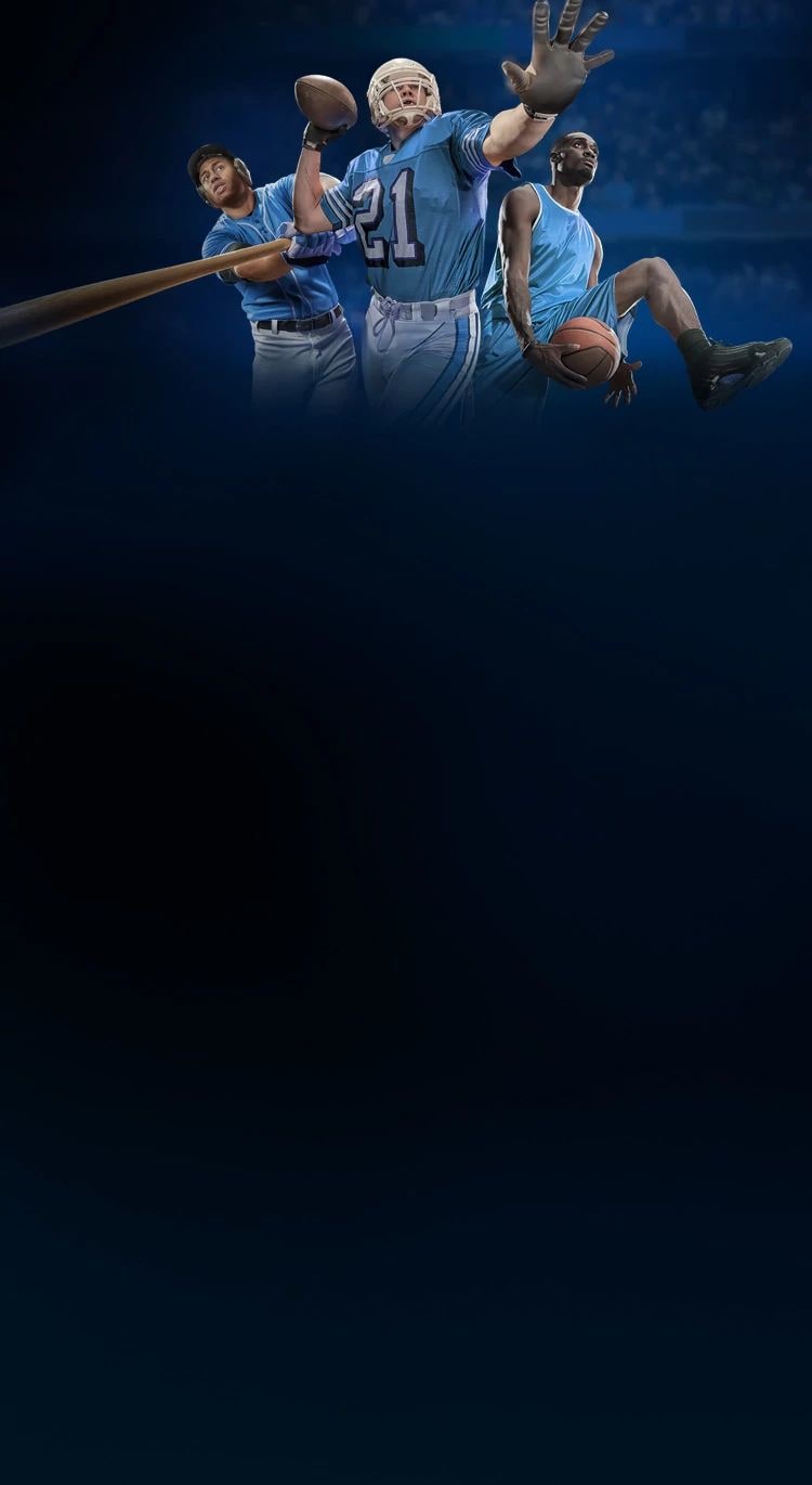 An action oriented scene shows a baseball player swinging a bat a football player preparing to pass a football and a basketball player doing an under leg dribble