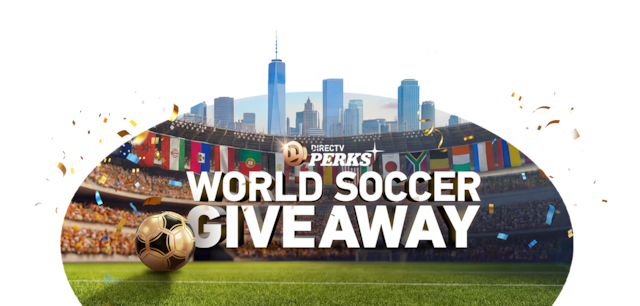 DIRECTV Perks “World Soccer Giveaway” banner featuring a gold soccer ball on a stadium field, international flags hanging above the stands, city skyline in the background, and celebratory confetti in the air.