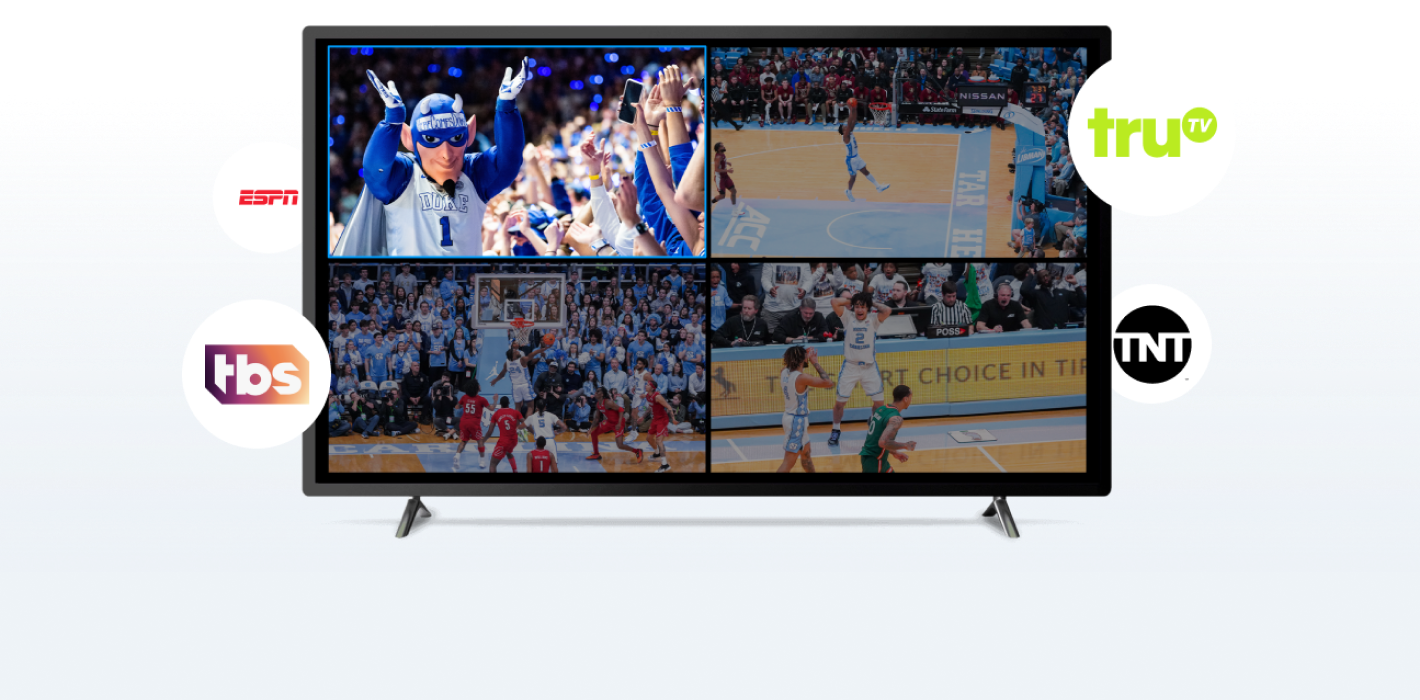 Television screen displaying multiview college basketball games with network logos including ESPN, TBS, TNT, and truTV.