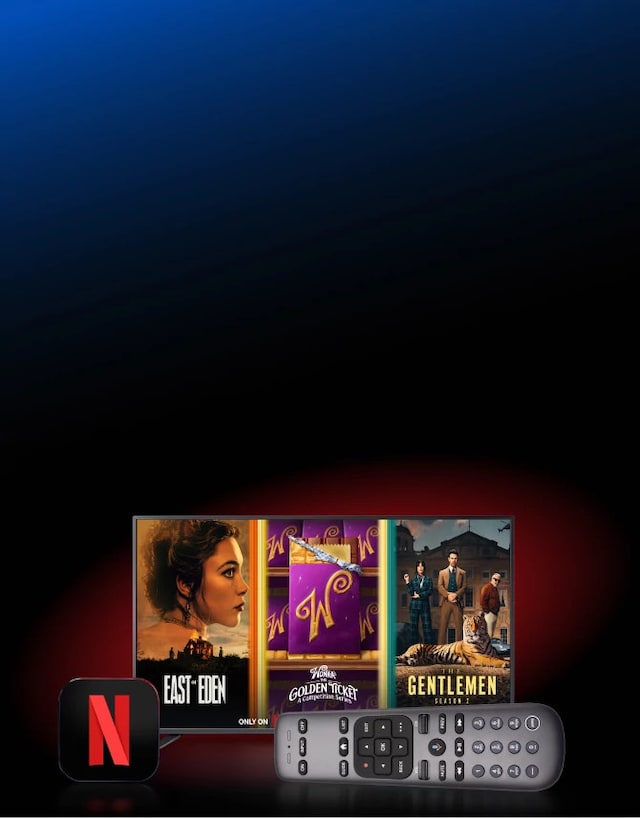 Promotional content card featuring Netflix, DIRECTV Gemini device and remote, highlighting 12 months of Netflix included with a Genre Pack purchase.