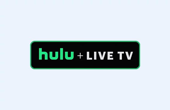 Hulu + Live TV logo on a black rectangle with light blue background.