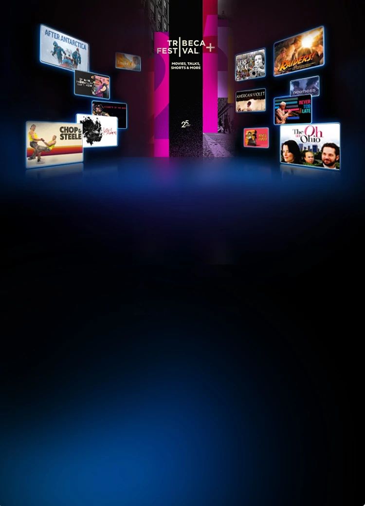Tribeca Festival promotional graphic featuring floating movie and documentary posters arranged around illuminated festival branding on a dark blue and purple background.