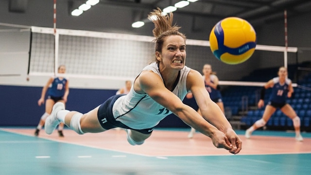 A female college volleyball player is diving forward while doing an underhand pass