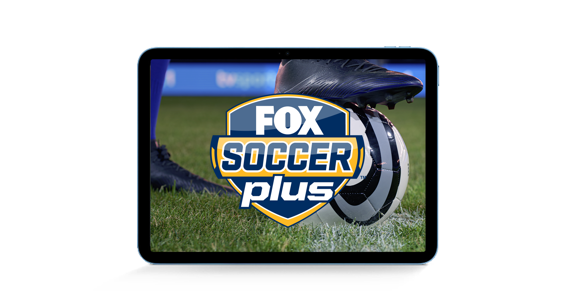 Image of the FOX Soccer Plus logo in a tablet with a soccer ball in the background.