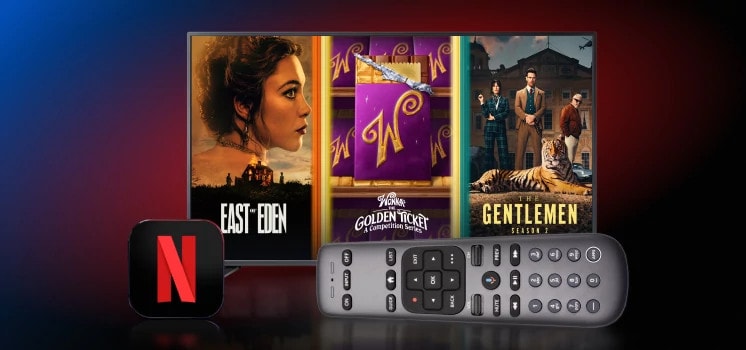 Promotional offer card featuring Netflix, DIRECTV Gemini device, remote, and Netflix content artwork promoting 12 months of Netflix included with a Genre Pack purchase.