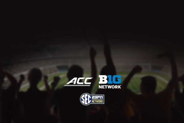 A sport court background with college sports programming logos, ACC, Big Ten, SEC